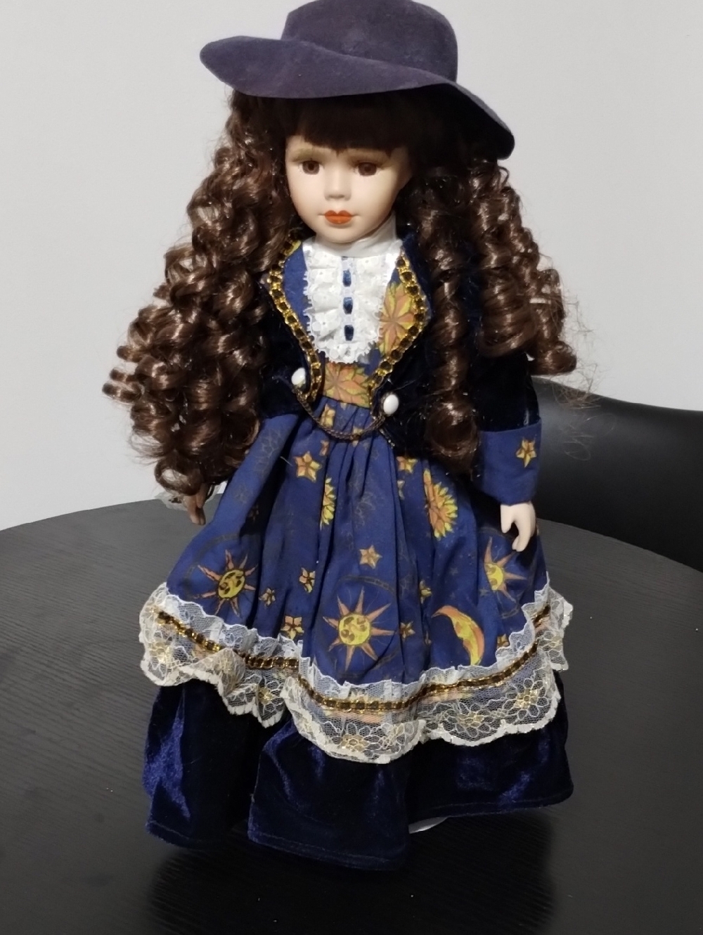 Classic Porcelain Doll in Navy Blue Dress - Elegant Kids Toy